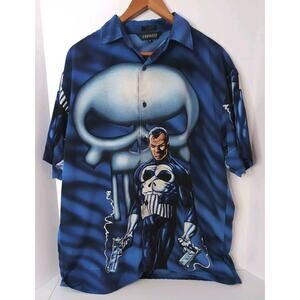 Vintage Punisher Shirt Men M Blue Graphic All Over Print Button Up Y2K Changes